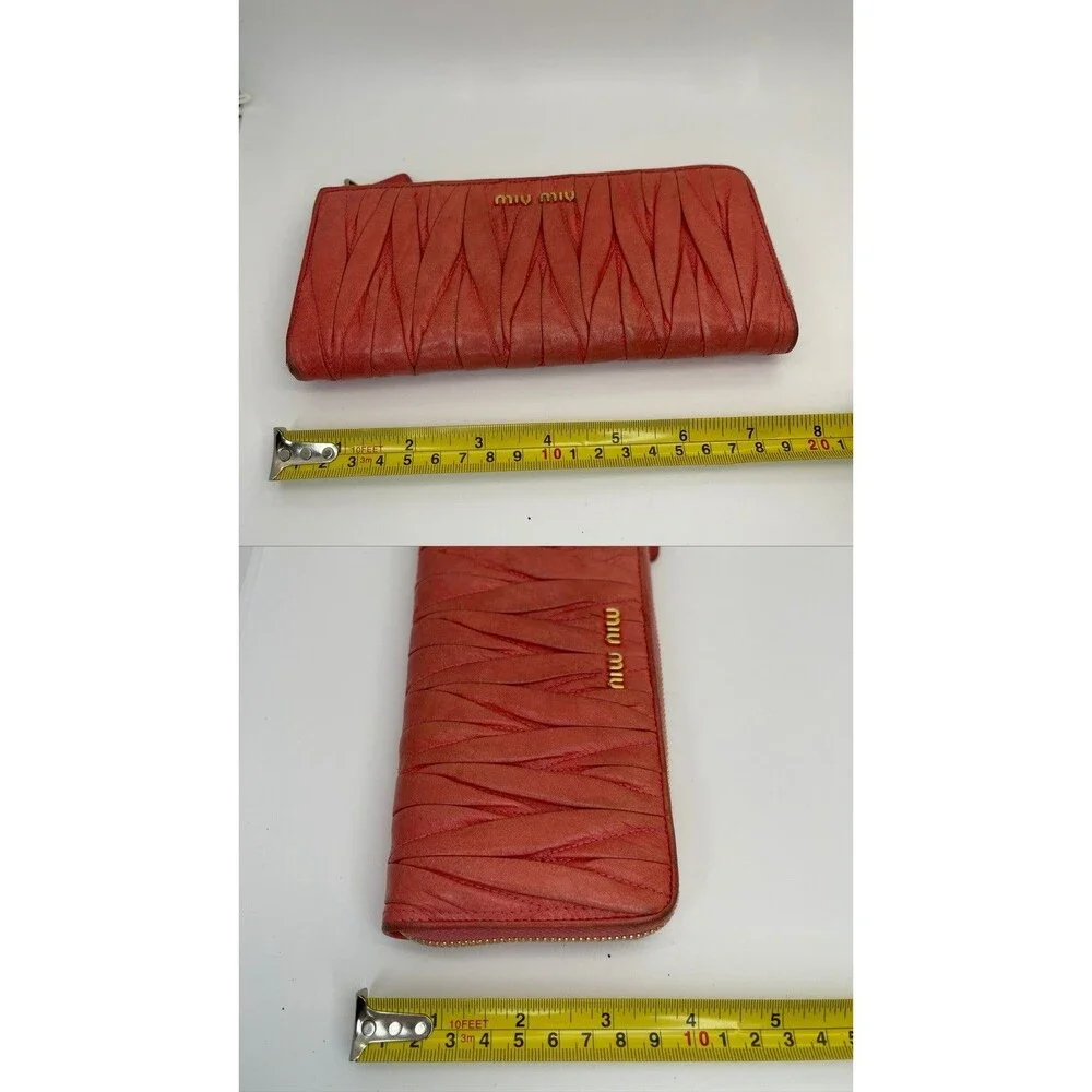 Authentic MIU MIU Logo Gather Leather Zip Around Long Wallet Pink/111